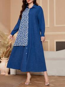 Al Najma 大码女式花卉印花长袖单排扣连衣裙，阿拉伯风格，休闲，朴素，适合日常休闲/旅行/度假/休假/家居服，超长大码阿拉伯服装 - 彩色 - 查看 4