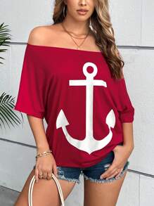 INAWLY 女士夏季锚印花露肩休闲 T 恤图案 T 恤女式上衣 - 紅色 - 查看 7