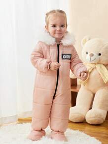 SHEIN Bộ đồ liền thân có mũ trùm đầu cho bé gái, bộ đồ liền thân dài tay màu hồng lót giữ nhiệt in chữ, thích hợp cho hoạt động ngoài trời, trượt tuyết và các dịp khác - Hồng - Xem 4