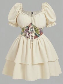 SHEIN Unity 大码短袖腰带孔眼系带连衣裙 - 杏色 - 查看 1