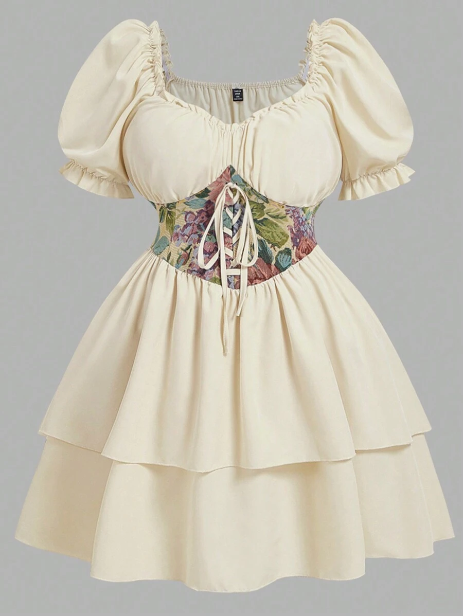 SHEIN Unity 大码短袖腰带孔眼系带连衣裙 - 杏色 - 查看 1