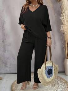 Joress Plus Size V-Neck Solid Color Casual Top And Versatile Wide-Leg Pants Two-Piece Set - Black - View 5