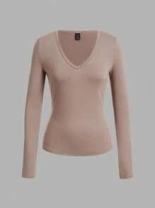 SHEIN EZwear 3 peças Conjunto de Camiseta de Manga Longa com Decote em V Profundo e Elástico, Adequado para Outono e Inverno