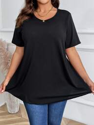 Plus maat effen kleur ronde hals casual top met korte mouwen