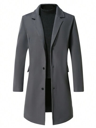 Manfinity Mode 大码男士纯色翻领长袖休闲大衣，带仿口袋，外出大衣，送给朋友、丈夫、男朋友的礼物男士外套龙门长外套男士大衣男士长外套