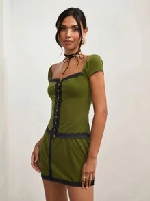 COSMINA 2 件套女士深绿色纯色天鹅绒拼接前扣简约衬衫和 A 字裙 - 橄欖綠 - 查看 6