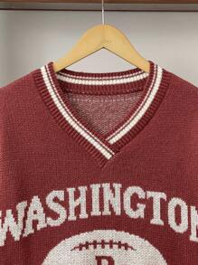 SHEIN 1 pieza Suéter cálido con estilo colegial y casual diario para adolescentes, con cuello en forma de corazón de pollo, a rayas rojas y blancas, sin patrón de tejido americano de fútbol americano. Ropa de regreso a la escuela; Atuendos de otoño; Ropa de adolescente; Chaquetas de adolescente otoño/invierno