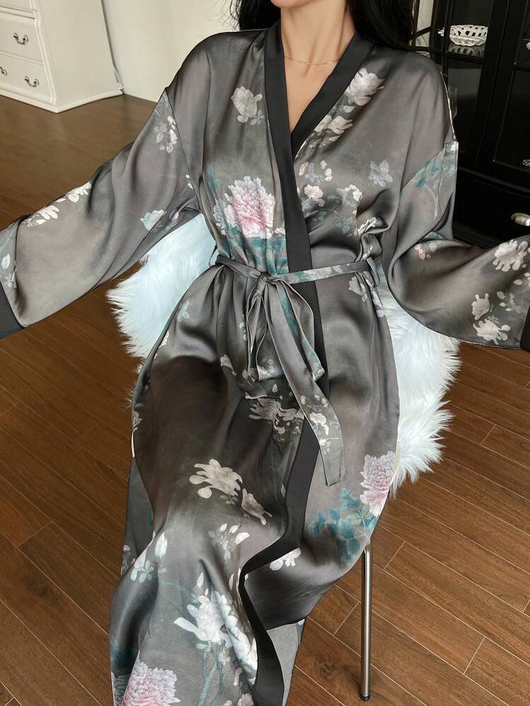 Floral Print Patchwork Contrast Trim Satin Bathrobe Pajama