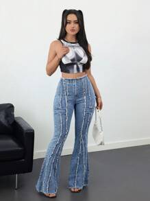 SHEIN Tall Women's Sexy Skinny Flare Leg Stretch Denim Jeans, Blue - Light Wash - View 8