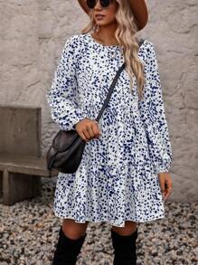 SHEIN Clasi Round Neck Long Sleeve All-Over Print Pleated Short Casual Dress - Multicolor - View 1