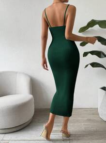 SHEIN Clasi 纯色修身吊带针织连衣裙，春秋 - 墨綠色 - 查看 2