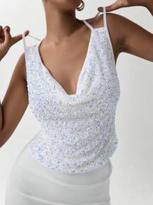 Lumivelle Camisola elegante de fiesta con escote drapeado con lentejuelas para mujer