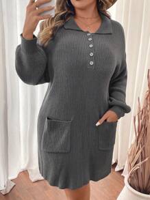 SHEIN Clasi Sukienka swetrowa o luźnym kroju i swobodnym kroju w dużym rozmiarze, z prostym profilem, kieszenią z przodu i kołnierzykiem z klapami dla swobodnego i stylowego wyglądu.Imprezy, festiwale muzyczne, odzież domowa, wydarzenia z okazji powrotu do szkoły, prezenty i zakupy.Strój kobiecy w stylu zachodnim, swetry jesienne, eleganckie sukienki, sukienka dzianinowa, sukienki jesienne, ubrania zimowe - Szary - Zobacz 7