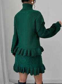 Chiquease 2 pièces/Set Pull à col montant en tricot torsadé élégant et jupe à volants taille haute, tenue d'hiver chic - Vert sapin - Voir 2