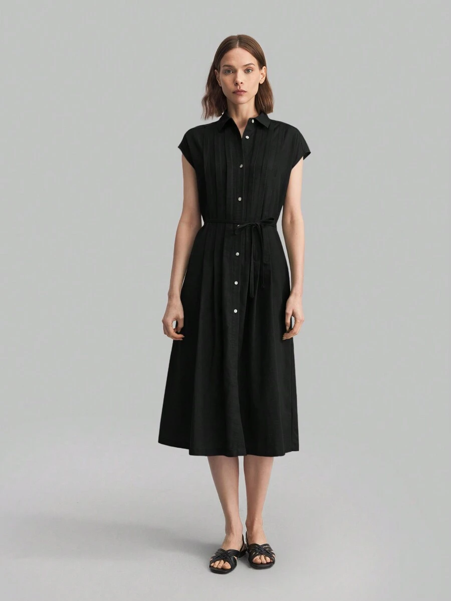 Ontre 2026SS New Elegant Solid Color Cinched Waist Button Down Dress, Versatile Dress For Women, Suitable For Outings, Business Casual, Vacation, Beach, Birthday Party, Teacher Uniform, Office Wear - Black - View 1