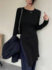 DAZY Women Solid Color Bodycon High Slit Maxi Knitted Dress