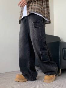 Claim Dot 男士宽松多口袋休闲工装裤，纯色长款宽松深灰色水洗牛仔裤，适合送给丈夫、男朋友的礼物，emo 风格