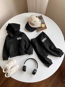 SHEIN 2 件套男婴纯色保暖内衬休闲连帽上衣和松紧腰裤套装，适合秋冬季 - 黑色 - 查看 5