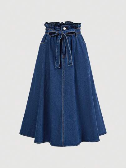 SHEIN MOD Women's Casual Relaxed Denim Skirt, Blue, Vintage, Fall Women Clothes