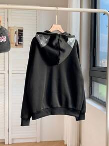 SHEIN EZwear Women's Loose Hooded Zip-Up Long Sleeve Rhinestone Skeleton Pattern Sweatshirt, Spring/Fall - Black - View 2