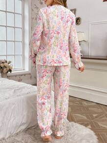 CottageSlumber Conjunto de pijama para mujer con cuello cuadrado con estampado floral, volantes, lazo y bajo con volantes, romántico y perfecto para vacaciones