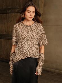 Anewsta Women's Korean Style Niche Embellished Leopard Print Blouse T-Shirt With Puff Sleeves