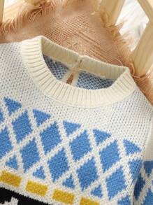 Bộ đồ liền thân cổ tròn tay dài cổ điển Fair Isle dành cho trẻ sơ sinh, vải mềm mại và ấm áp, thiết kế thay tã dễ dàng, trang phục thời trang và tiện dụng cho trẻ sơ sinh - Màu be - Xem 4
