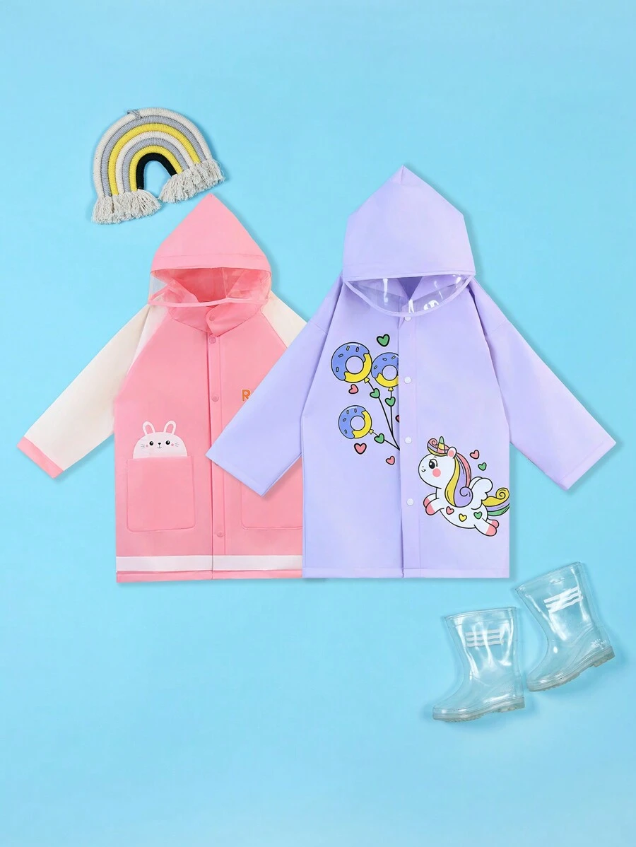 SHEIN Children Girls Cute Unicorn Print Outdoor Hiking Waterproof Rain Jacket