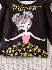 SHEIN 2 piezas/Set Conjunto informal y cómodo de niña joven con parte superior con gráfico de niña bailando y shorts - Negro - Ver 3