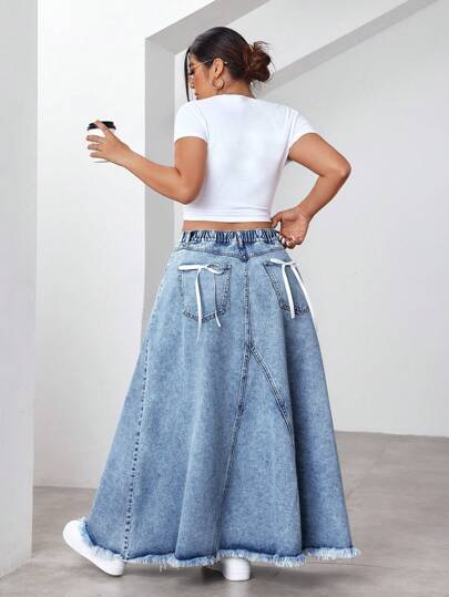 SHEIN EZwear 大码休闲牛仔裙，带蝴蝶结装饰和口袋