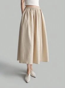 Ontre Women 2025 Spring New Elastic Waist Daily Versatile Long A-Line Skirt In Apricot Dark Striped Fabric - Apricot - View 4