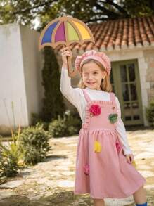 SHEIN 3pcs/Set Young Girls Textured Long Sleeve T-Shirt, Floral Jumper Dress With Suspender And Hat - Pink - View 5