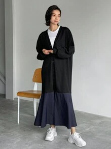 FRIFUL Women Patchwork Color Block Midi Dress,Fall Clothes - Black - View 2