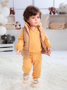 SHEIN 3pcs Set Baby Boys Casual All-Match Warm Vest, Hoodie Sweatshirt And Pants Outfit For Fall, Winter And Spring - Khaki - View 4