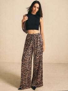 Poéselle Pantalones casuales de mujer con estampado de leopardo y anudado delantero, pantalones palazzo