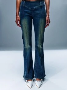 TypaGal Vintage Cotton Low Waisted Denim Flared Jeans - Blue - View 3