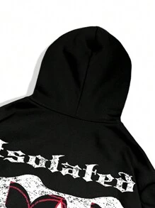 ROMWE MEN Street Life Letter Print Long Sleeve Hoodie Sweatshirt + Loose Drawstring Straight Leg Pants Set - Black - View 4