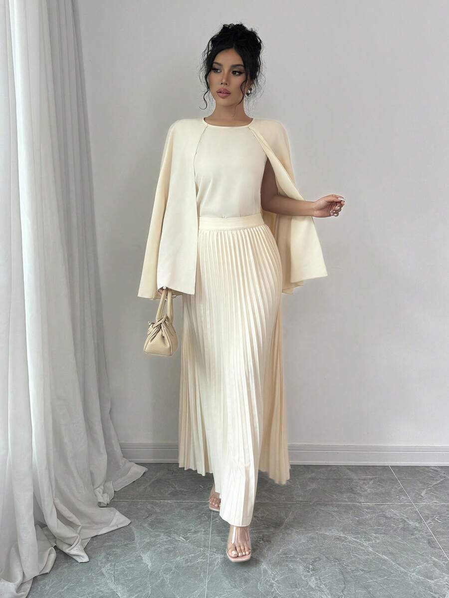 Chiquease 2 件套女士优雅纯色斗篷袖上衣和百褶裙套装，春秋