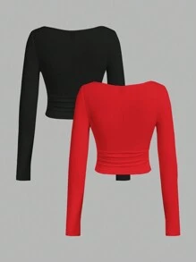SHEIN EZwear 2pcs Women's Solid Color Crew Neck Ruched Waist Long Sleeve Fitted T-Shirt