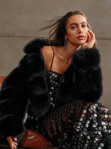 SHEIN X Phaith Montoya Anewsta Autumn Winter New Arrival Elegant Lady Faux Fox Fur Jacket, Fashionable Fur Coat For Women - Black - View 2