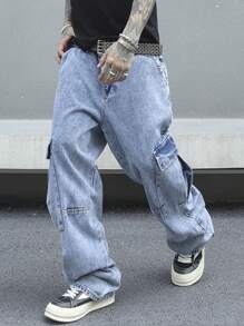PAVTROS Quần Jeans Cargo Túi Nắp Rộng Cho Nam - Rửa nhẹ - Xem 3
