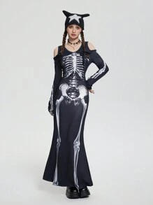 SHEIN 少女黑色圆领露肩长袖骷髅印花修身超长万圣节连衣裙 - 黑色 - 查看 1