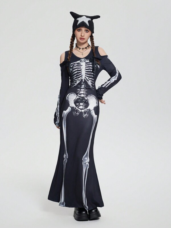 SHEIN Teenage Girls Black Round Neck Off Shoulder Long Sleeve Skeleton Print Fitted Maxi Halloween Dress