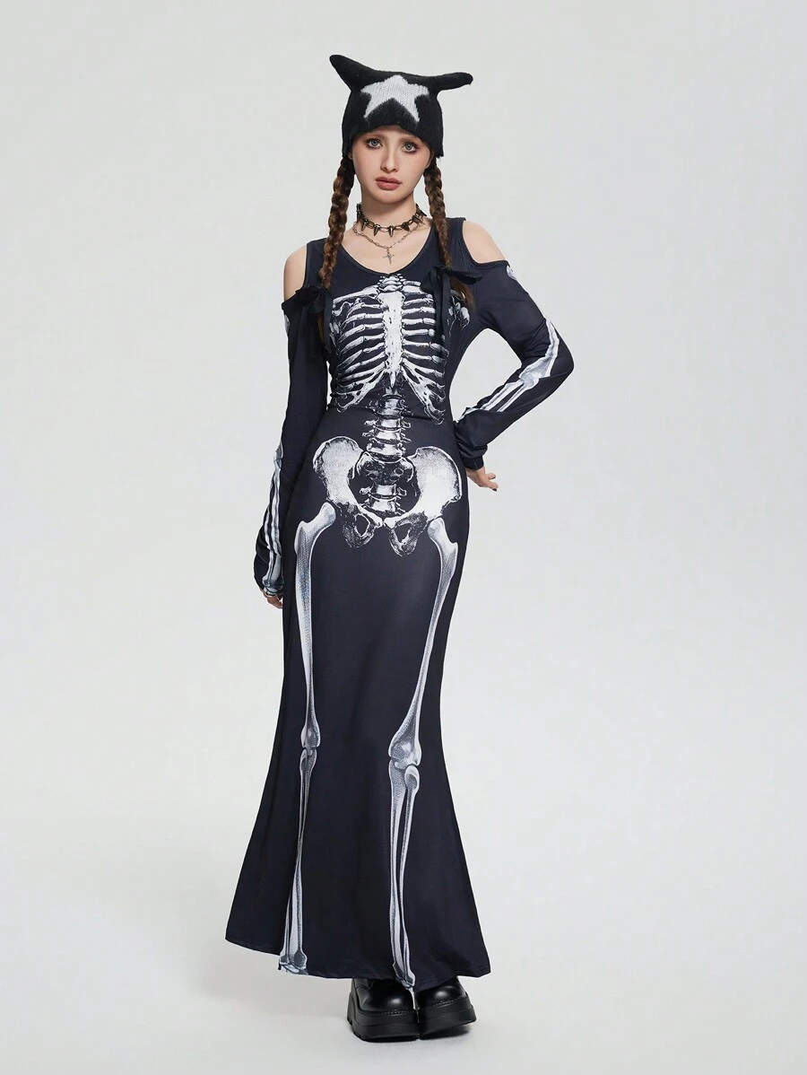 SHEIN 少女黑色圆领露肩长袖骷髅印花修身超长万圣节连衣裙 - 黑色 - 查看 1