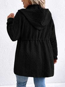 大码女式春秋纯色长袖抽绳腰部口袋宽松休闲连帽夹克 - 黑色 - 查看 2