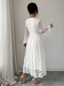 Elenzga 女式长袖 V 领蕾丝腰喇叭裙 - 白色 - 查看 2