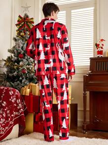 2 件男士前扣长袖全印花衬衫和裤子家居服套装 - 紅色 - 查看 2