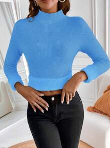 Franclia 女士纯色立领长袖休闲套头毛衣，带保暖内衬，秋冬季长袖上衣，针织套头衫 - 藍色 - 查看 4