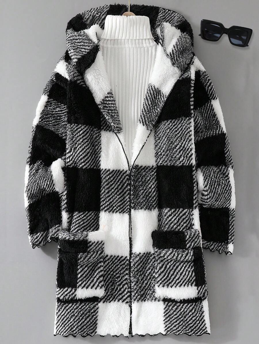 Mom & Me Plaid Fleece Hooded Cardigan Jackets, Loose Fit Warm Fuzzy Contrast Color Coats, Casual Wear - Dark Grey - View 1