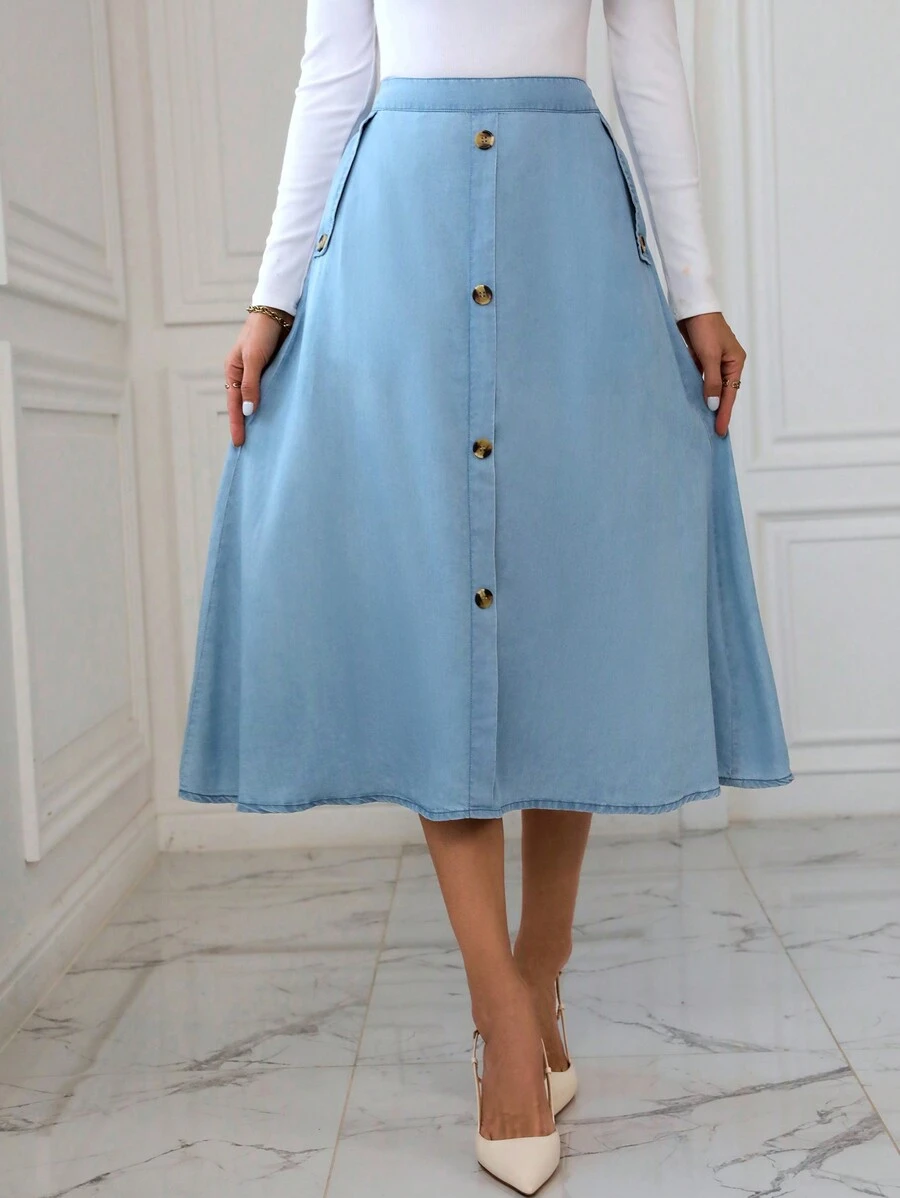 Váy suông dài vừa phải, đơn hàng khuy, túi, đơn sắc, thường ngày cho nữ - Rửa trung bình - Xem 1